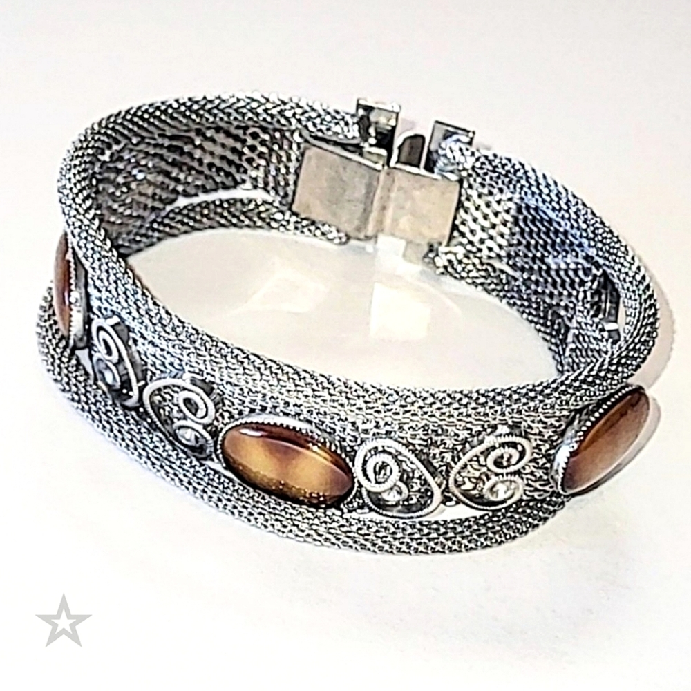 VINTAGE SILVER MESH BRACELET - FAUX TIGER'S EYE SLAG GLASS STONES